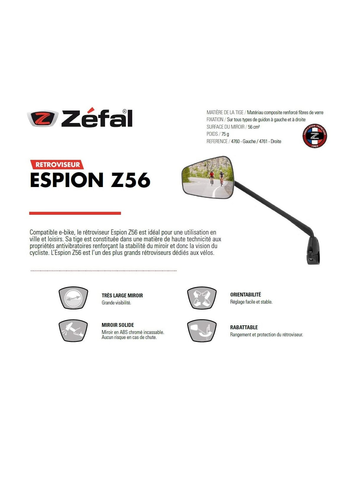 Zefal Espion Z56 Rétroviseur gauche à miroir large pour vélo